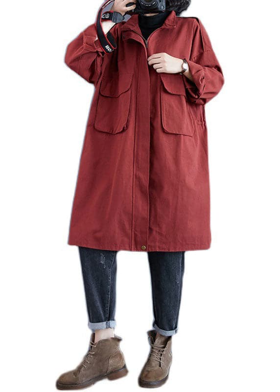 Chic Red Stand Collar Zippered Pockets Fall Long Sleeve Trench Coats - Trench coats - DYAVOR®
