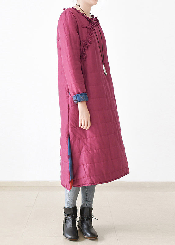 Chic Rose O-Neck Button Side Open Thick Linen Long Parka Witner - Down Jackets - DYAVOR®