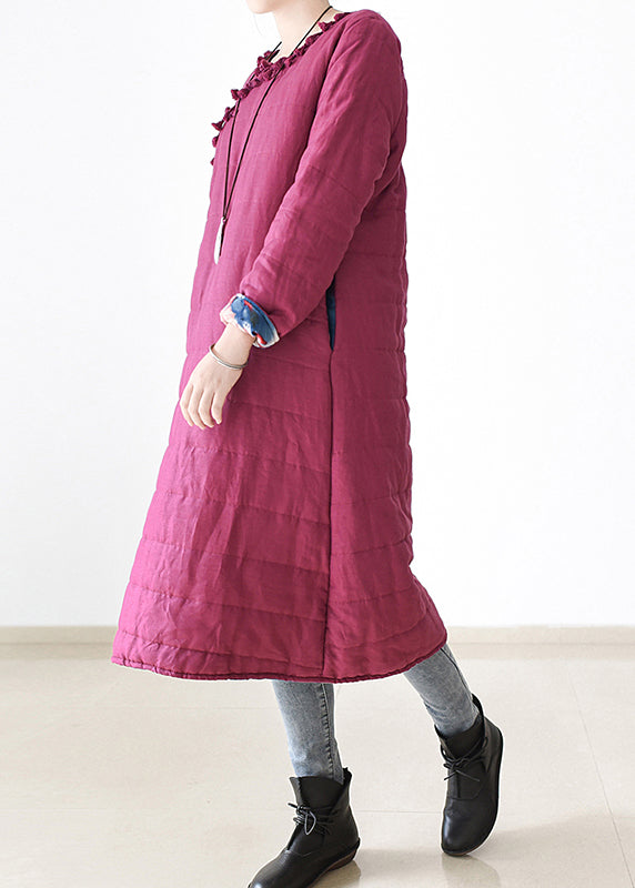 Chic Rose O-Neck Button Side Open Thick Linen Long Parka Witner - Down Jackets - DYAVOR®