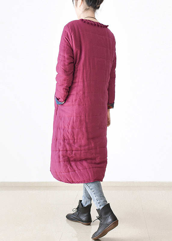 Chic Rose O-Neck Button Side Open Thick Linen Long Parka Witner - Down Jackets - DYAVOR®