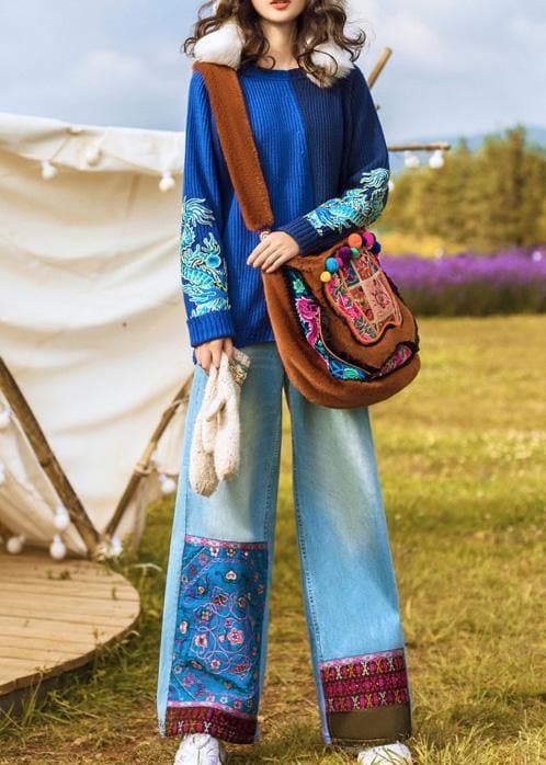Chic high waist pant oversize denim blue Cotton embroidery pant - - DYAVOR®