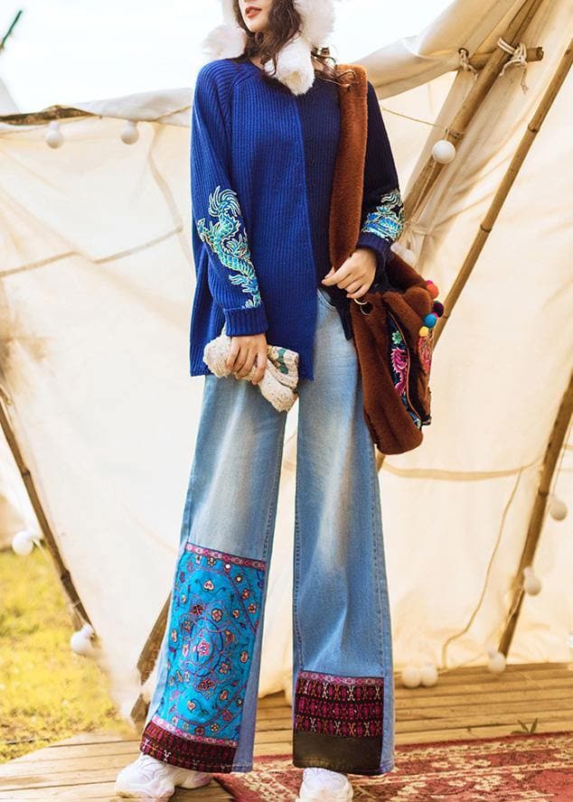 Chic high waist pant oversize denim blue Cotton embroidery pant - - DYAVOR®