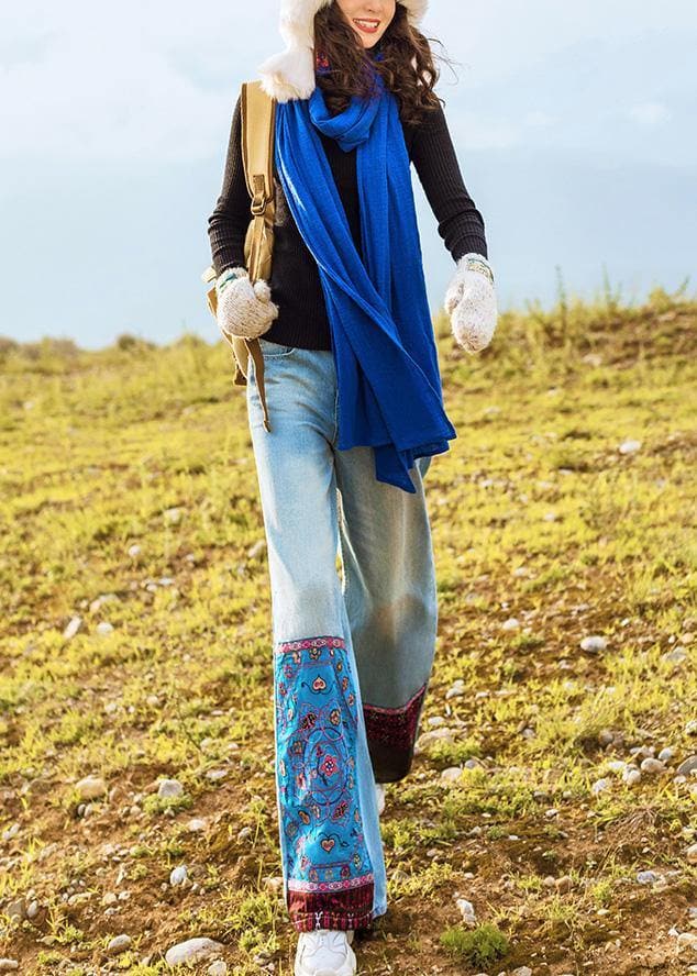 Chic high waist pant oversize denim blue Cotton embroidery pant - - DYAVOR®