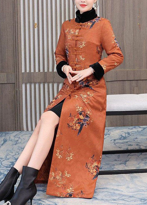 Chinese Style Orange Stand Collar Print Fine Cotton Filled Coats Winter - Down Jackets - DYAVOR®
