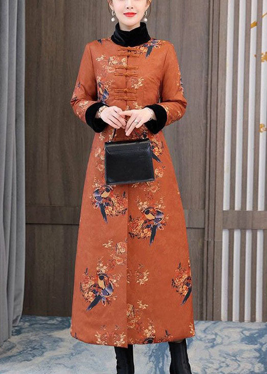 Chinese Style Orange Stand Collar Print Fine Cotton Filled Coats Winter - Down Jackets - DYAVOR®