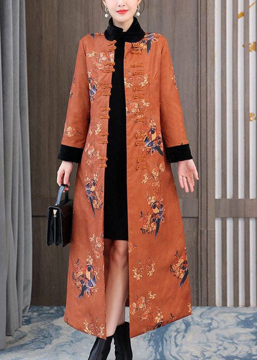 Chinese Style Orange Stand Collar Print Fine Cotton Filled Coats Winter - Down Jackets - DYAVOR®