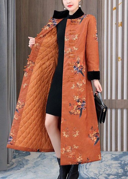 Chinese Style Orange Stand Collar Print Fine Cotton Filled Coats Winter - Down Jackets - DYAVOR®