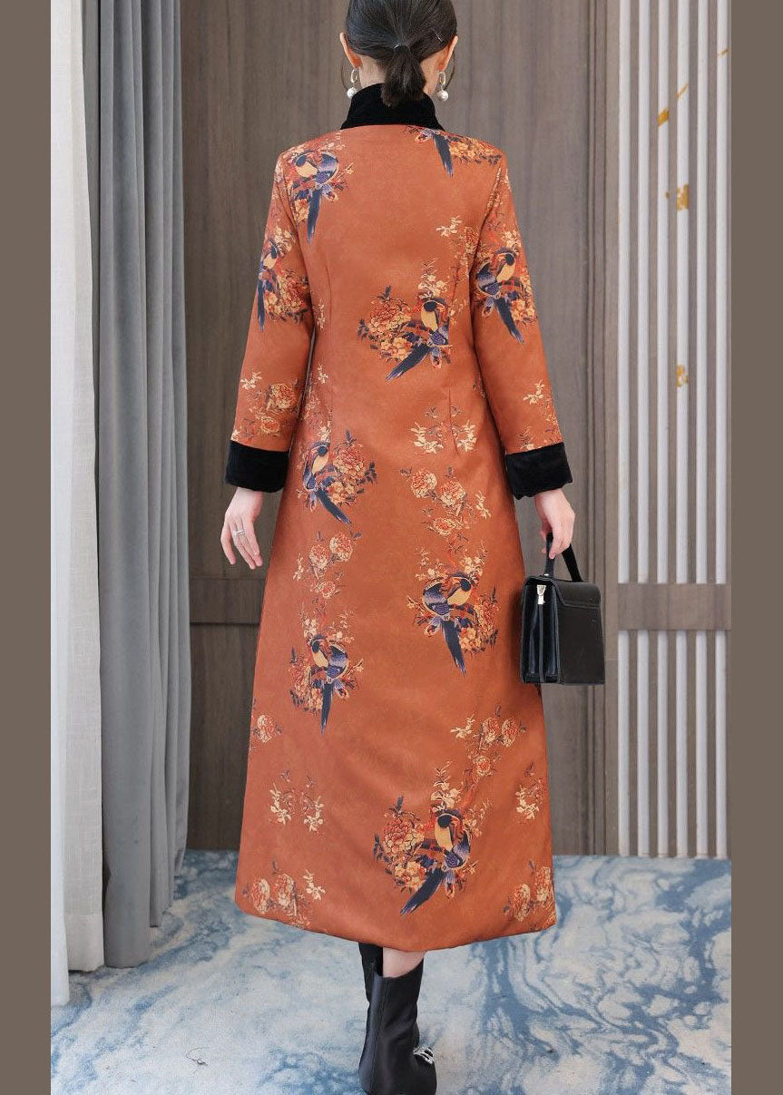 Chinese Style Orange Stand Collar Print Fine Cotton Filled Coats Winter - Down Jackets - DYAVOR®