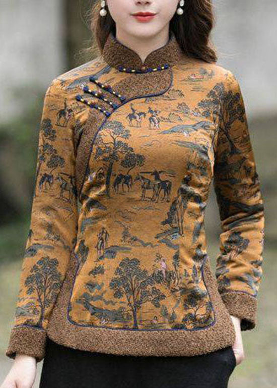 Chinese Style Chocolate side open Stand Collar button Print Fine Cotton Filled tops Winter - Down Jackets - DYAVOR®