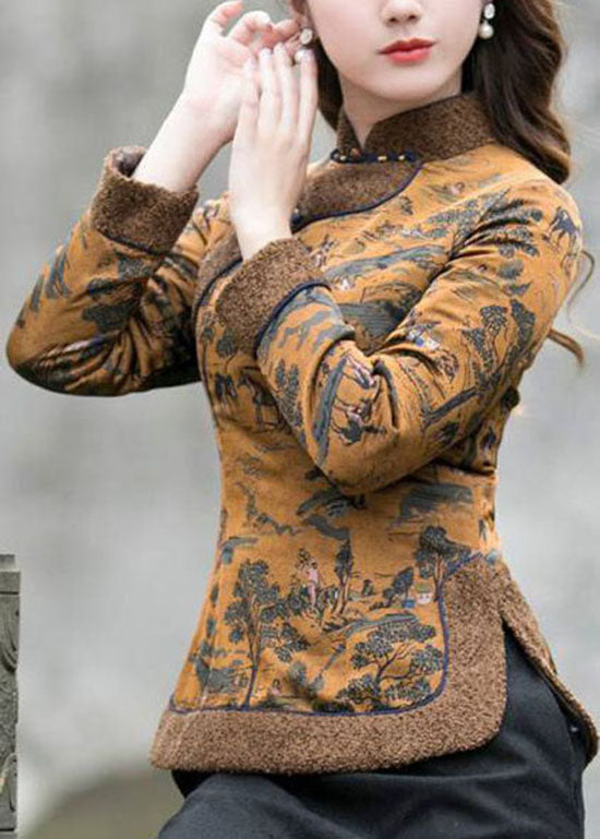 Chinese Style Chocolate side open Stand Collar button Print Fine Cotton Filled tops Winter - Down Jackets - DYAVOR®
