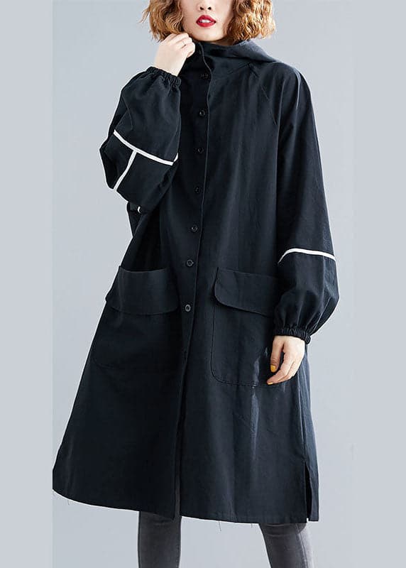 Classy Black Button Pockets Loose Fall Long sleeve Hooded Coat - Trench coats - DYAVOR®