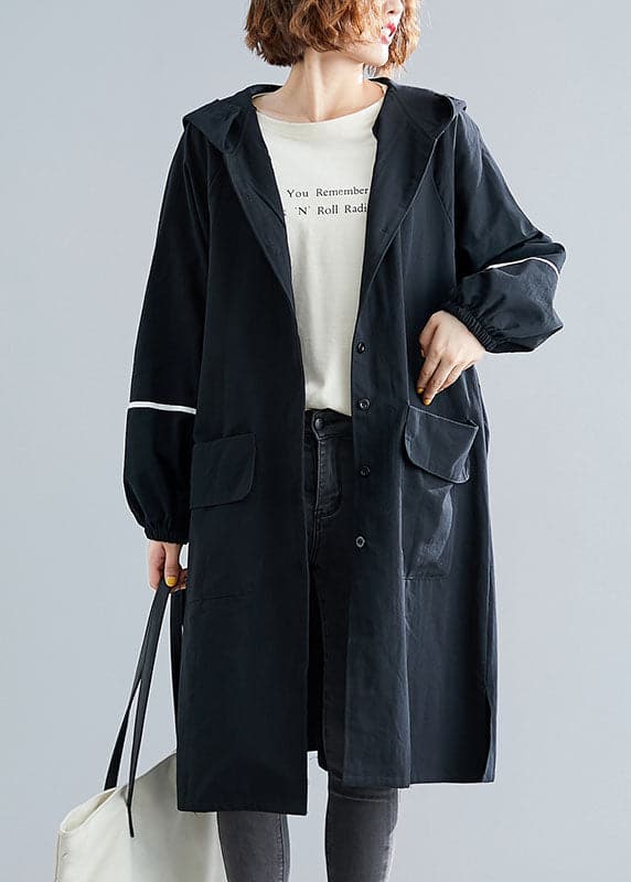 Classy Black Button Pockets Loose Fall Long sleeve Hooded Coat - Trench coats - DYAVOR®