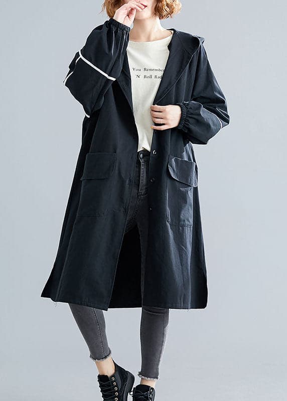 Classy Black Button Pockets Loose Fall Long sleeve Hooded Coat - Trench coats - DYAVOR®
