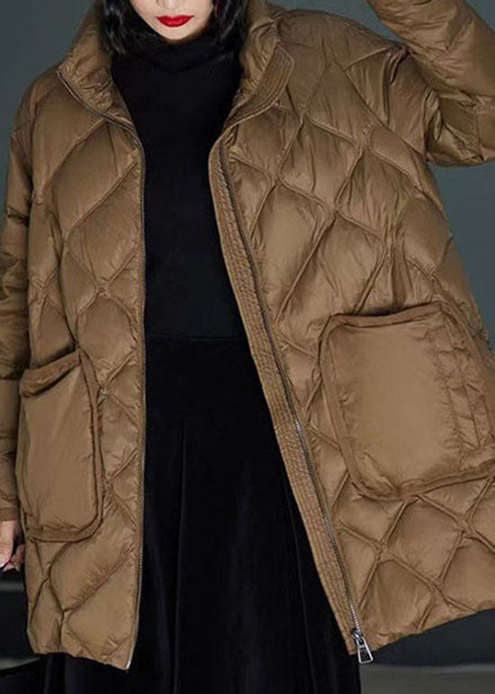 Classy Brown Stand Collar Zippered Duck Down Puffers Coats Winter - Down Jackets - DYAVOR®