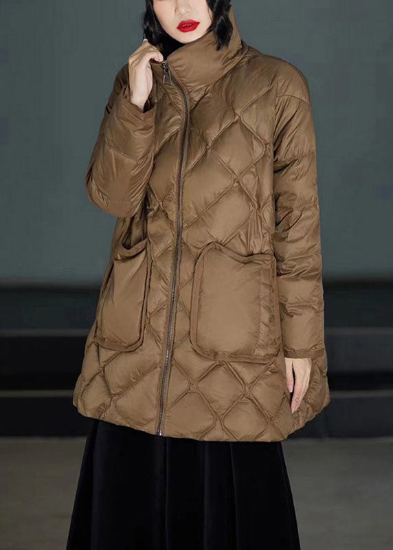 Classy Brown Stand Collar Zippered Duck Down Puffers Coats Winter - Down Jackets - DYAVOR®