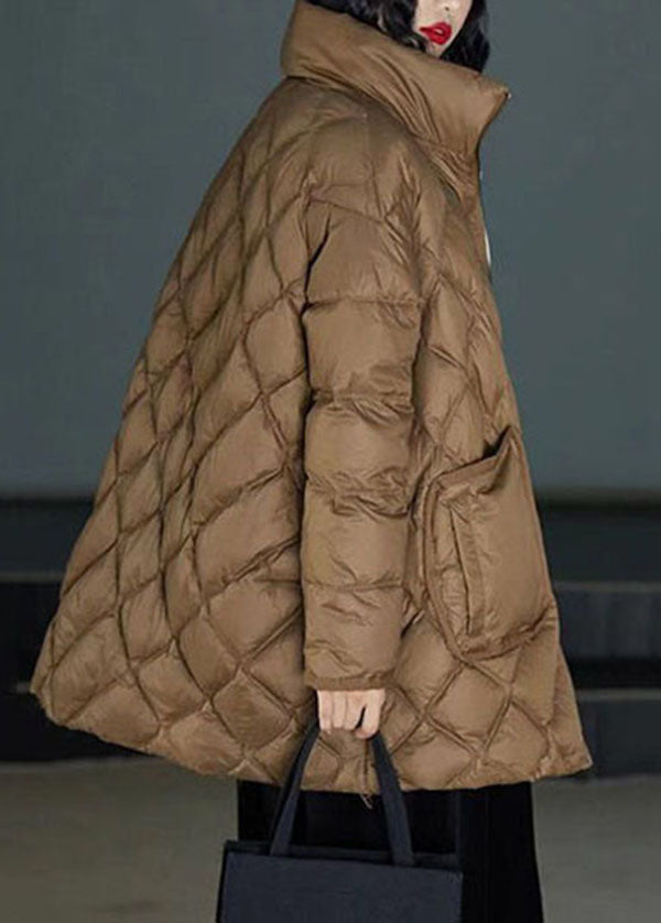 Classy Brown Stand Collar Zippered Duck Down Puffers Coats Winter - Down Jackets - DYAVOR®
