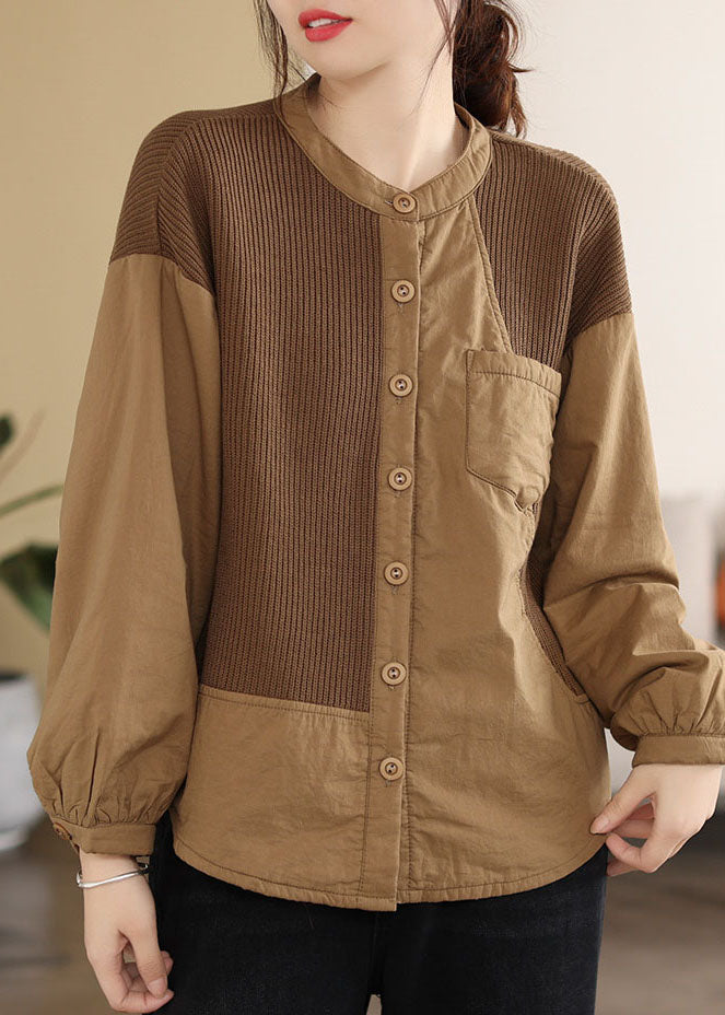 Classy Coffee O-Neck Patchwork Pockets Fine Cotton Filled Parka Jacket Winter - Down Jackets - DYAVOR®
