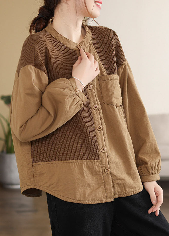 Classy Coffee O-Neck Patchwork Pockets Fine Cotton Filled Parka Jacket Winter - Down Jackets - DYAVOR®