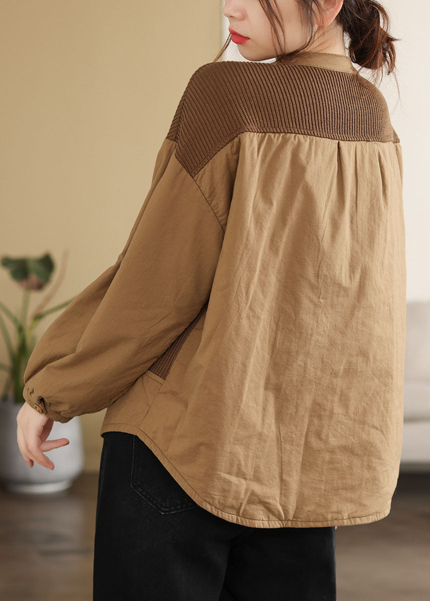 Classy Coffee O-Neck Patchwork Pockets Fine Cotton Filled Parka Jacket Winter - Down Jackets - DYAVOR®