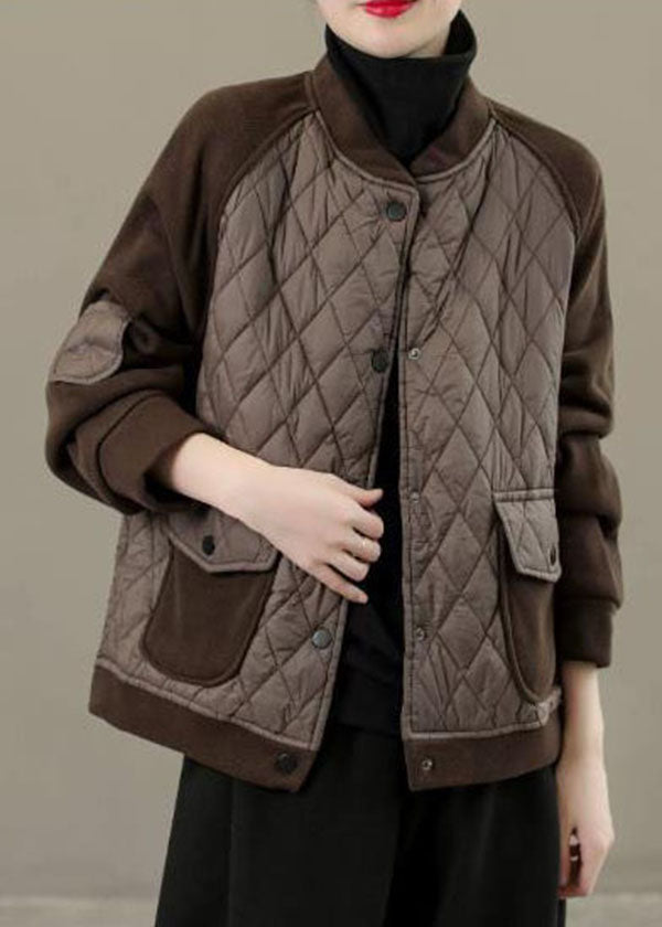 Classy Chocolate Stand Collar Pockets Patchwork Fine Cotton Filled Jackets Winter - Down Jackets - DYAVOR®