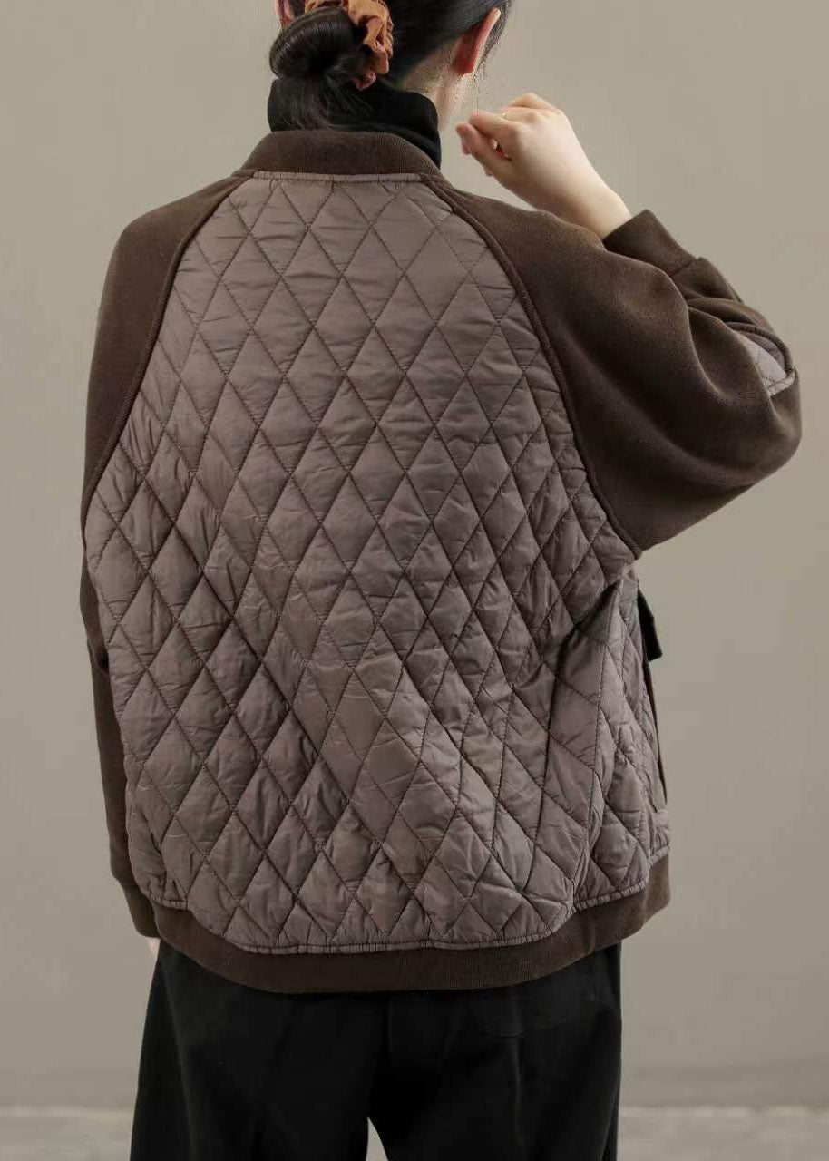 Classy Chocolate Stand Collar Pockets Patchwork Fine Cotton Filled Jackets Winter - Down Jackets - DYAVOR®