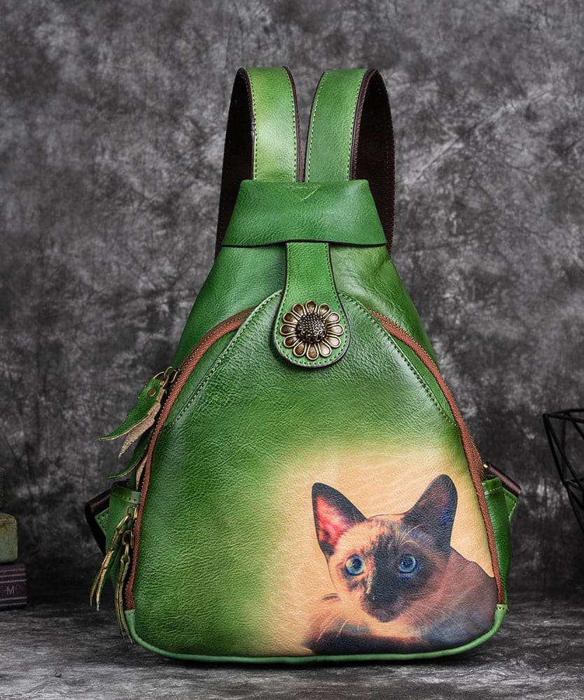 Classy Green kitten Print Calf Leather Backpack Bag - Backpack Bag - DYAVOR®
