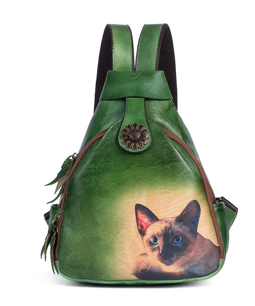 Classy Green kitten Print Calf Leather Backpack Bag - Backpack Bag - DYAVOR®