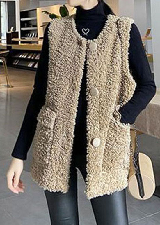 Classy Khaki Button Pockets Faux Fur Winter Vest - vests - DYAVOR®