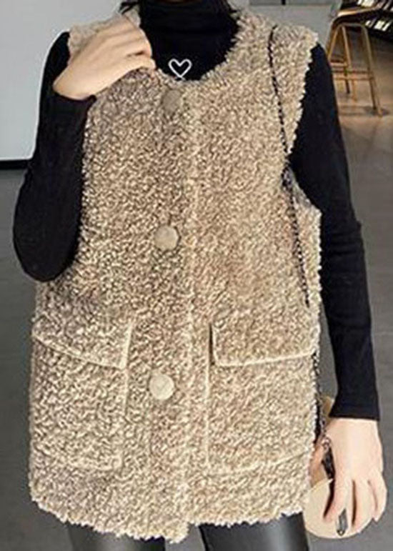 Classy Khaki Button Pockets Faux Fur Winter Vest - vests - DYAVOR®