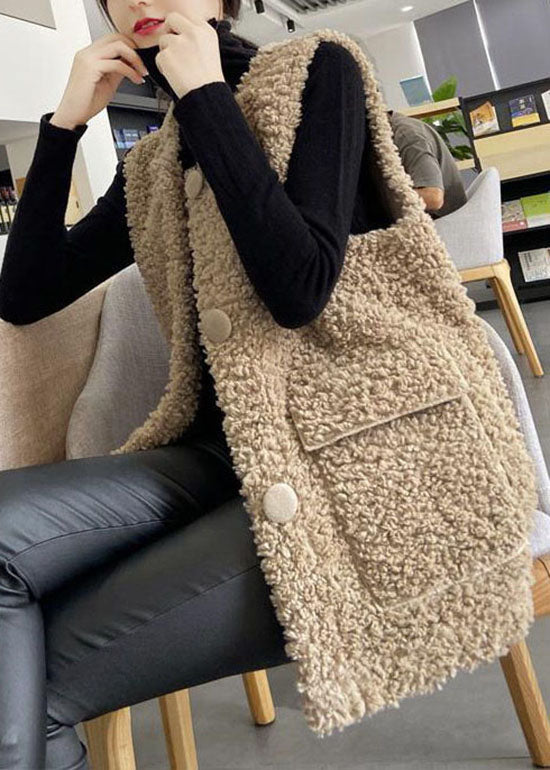 Classy Khaki Button Pockets Faux Fur Winter Vest - vests - DYAVOR®
