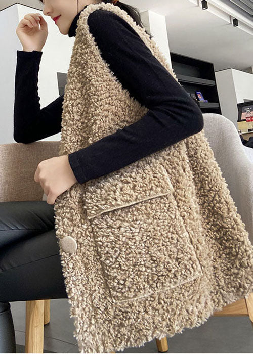 Classy Khaki Button Pockets Faux Fur Winter Vest - vests - DYAVOR®