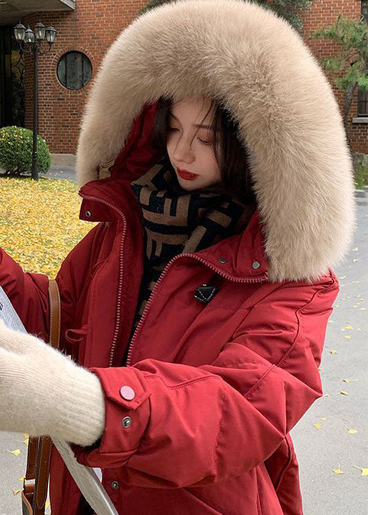 Classy Red Hooded Fur Collar Thick Duck Down Jacket In Winter - Down Jackets - DYAVOR®