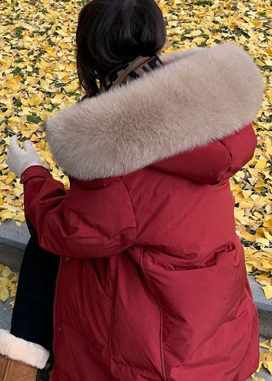 Classy Red Hooded Fur Collar Thick Duck Down Jacket In Winter - Down Jackets - DYAVOR®