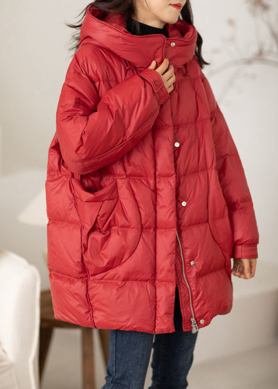 Classy Red Hooded Oversized Drawstring Duck Down Down Coat Winter - Down Jackets - DYAVOR®
