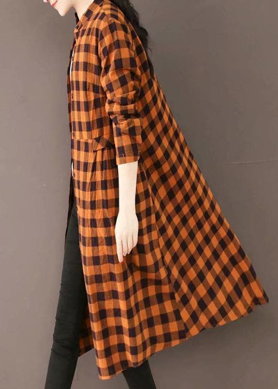 Classy Stand Collar Pockets Spring Dresses Yellow Plaid Art Dress - Trench coats - DYAVOR®