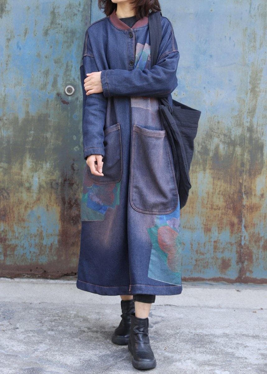 Classy blue prints Fashion trench coat Inspiration two big pockets thick coats - - DYAVOR®