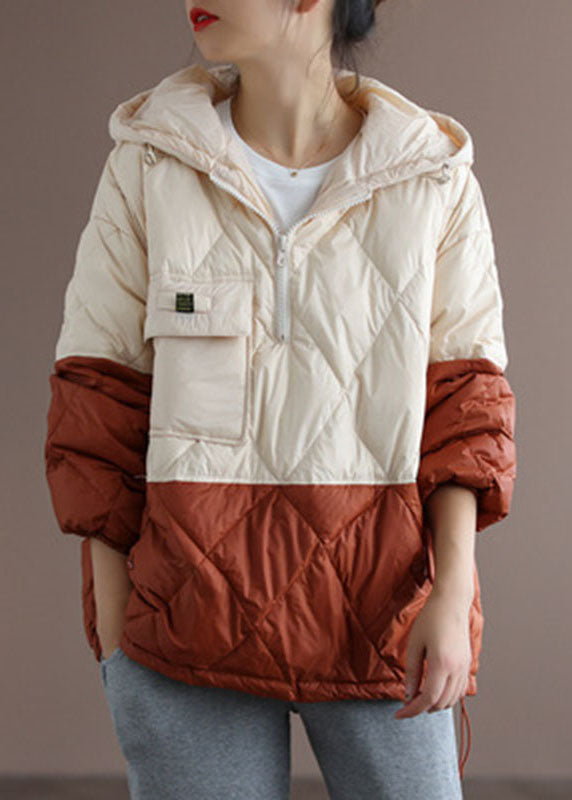 Club Beige Patchwork Orange zippered Pockets Duck Down Winter Down Jacket - Down Jackets - DYAVOR®