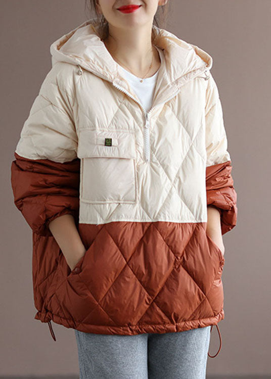 Club Beige Patchwork Orange zippered Pockets Duck Down Winter Down Jacket - Down Jackets - DYAVOR®