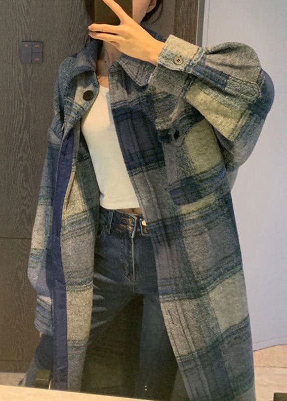 Club Grey Blue Plaid Button side open Fall Woolen Long sleeve Trench - Trench coats - DYAVOR®
