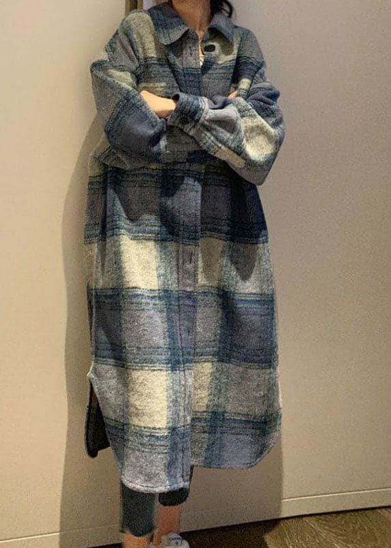 Club Grey Blue Plaid Button side open Fall Woolen Long sleeve Trench - Trench coats - DYAVOR®
