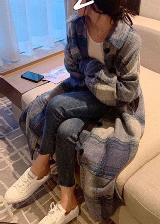 Club Grey Blue Plaid Button side open Fall Woolen Long sleeve Trench - Trench coats - DYAVOR®