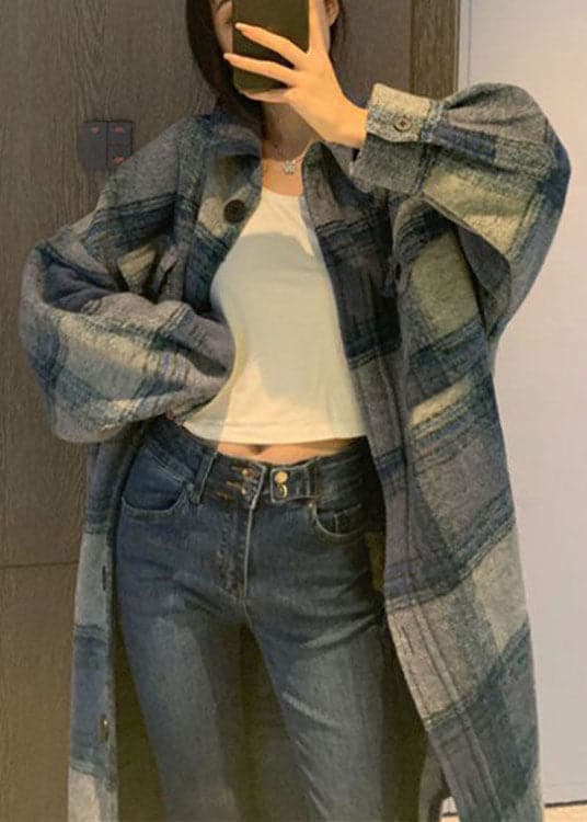 Club Grey Blue Plaid Button side open Fall Woolen Long sleeve Trench - Trench coats - DYAVOR®