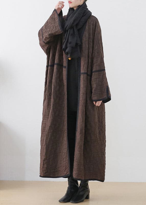 Coffee Colour V Neck Patchwork Woolen Trench Coats Long Sleeve - Trench coats - DYAVOR®