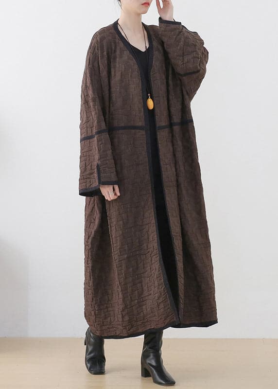 Coffee Colour V Neck Patchwork Woolen Trench Coats Long Sleeve - Trench coats - DYAVOR®