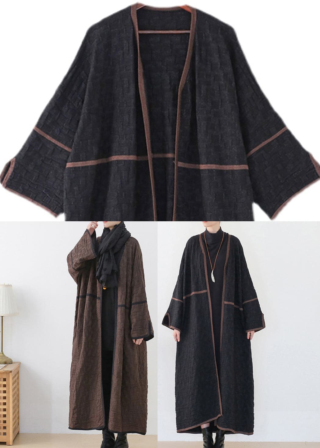 Coffee Colour V Neck Patchwork Woolen Trench Coats Long Sleeve - Trench coats - DYAVOR®