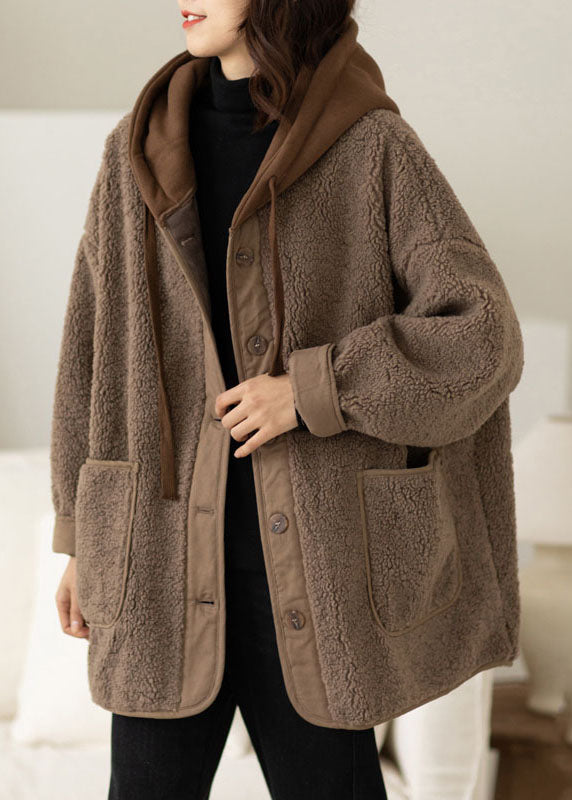 Chocolate Fake Two Piece Fine Cotton Filled Teddy Faux Fur Jackets Hooded Drawstring Winter - Down Jackets - DYAVOR®