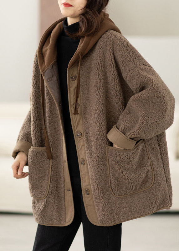 Chocolate Fake Two Piece Fine Cotton Filled Teddy Faux Fur Jackets Hooded Drawstring Winter - Down Jackets - DYAVOR®