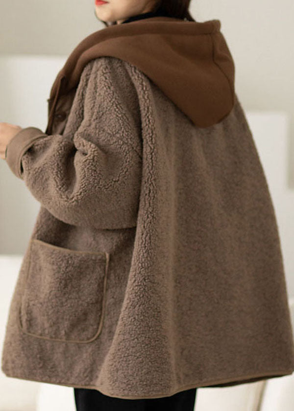 Chocolate Fake Two Piece Fine Cotton Filled Teddy Faux Fur Jackets Hooded Drawstring Winter - Down Jackets - DYAVOR®