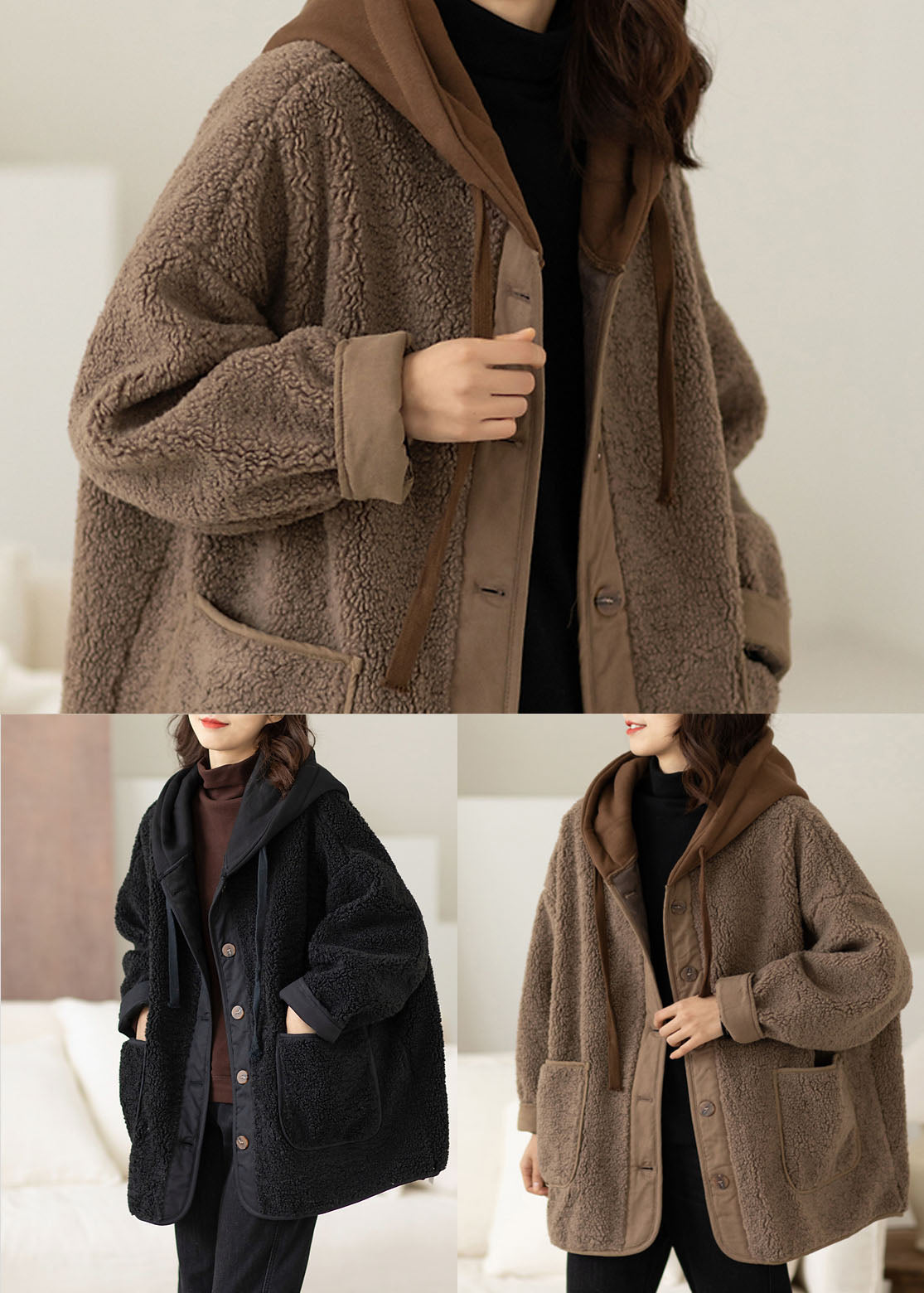 Chocolate Fake Two Piece Fine Cotton Filled Teddy Faux Fur Jackets Hooded Drawstring Winter - Down Jackets - DYAVOR®