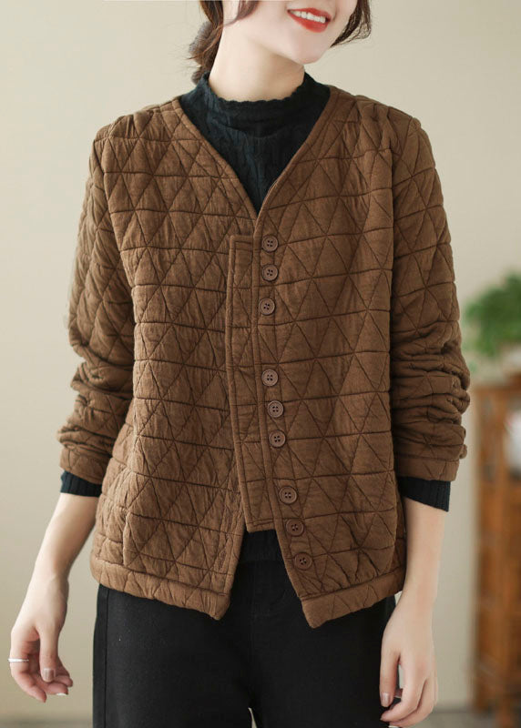 Chocolate Fine Cotton Filled Winter Coats V Neck Button Winter - Down Jackets - DYAVOR®